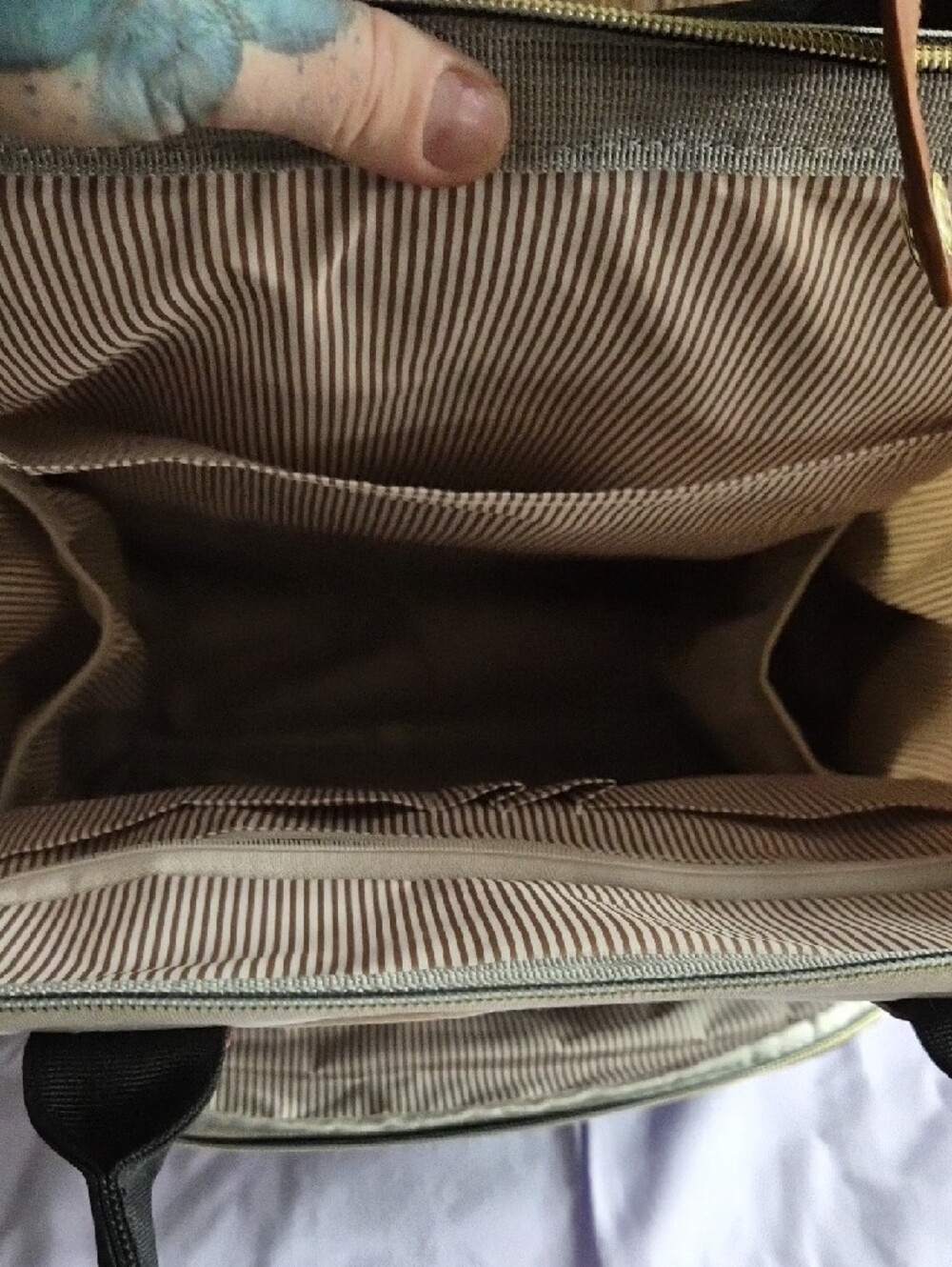 Quilted Black & Cream Canvas Backpack with Brown Trim XL - Picture 8 of 11